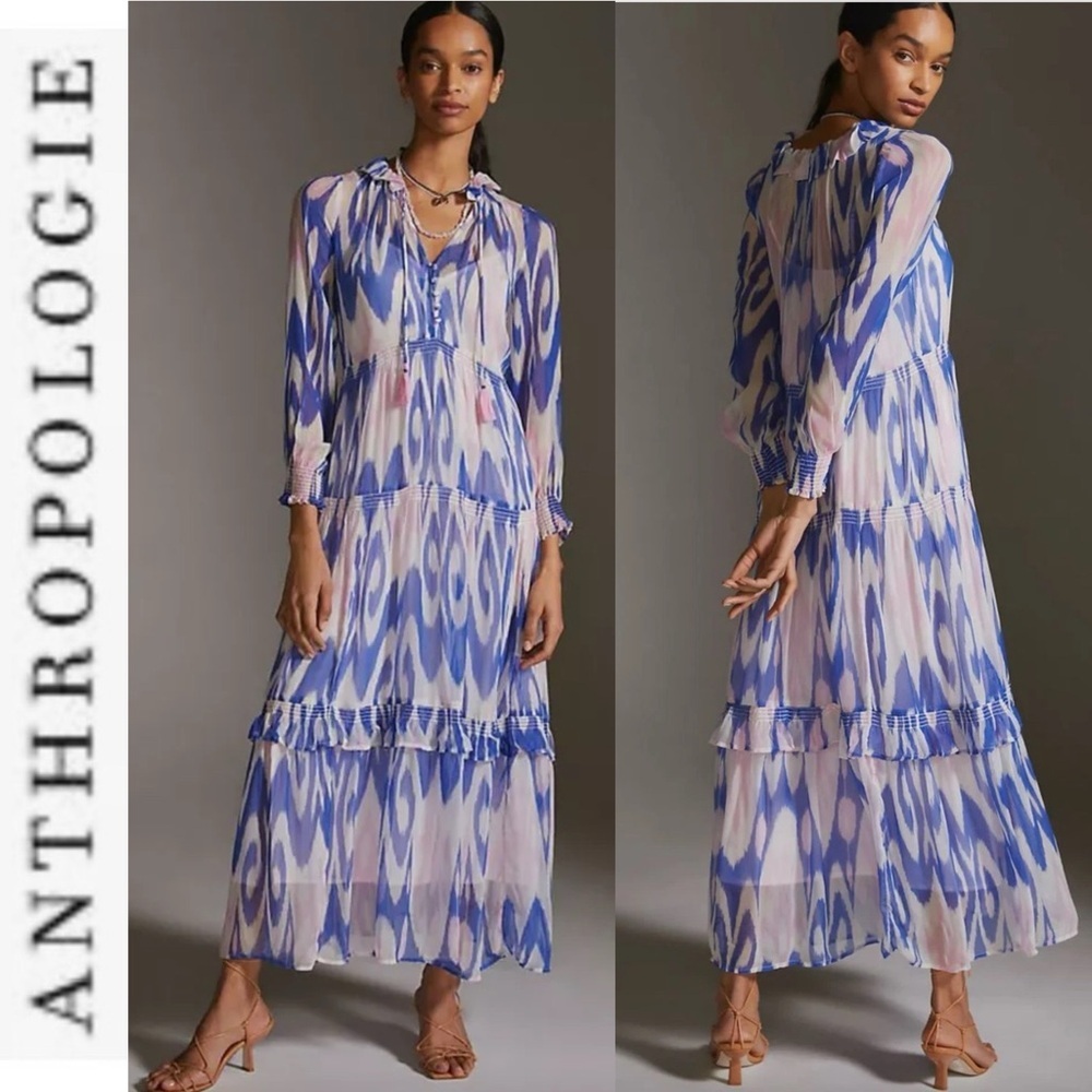 Anthropologie Blue Marais Printed Chiffon Maxi Dress xs